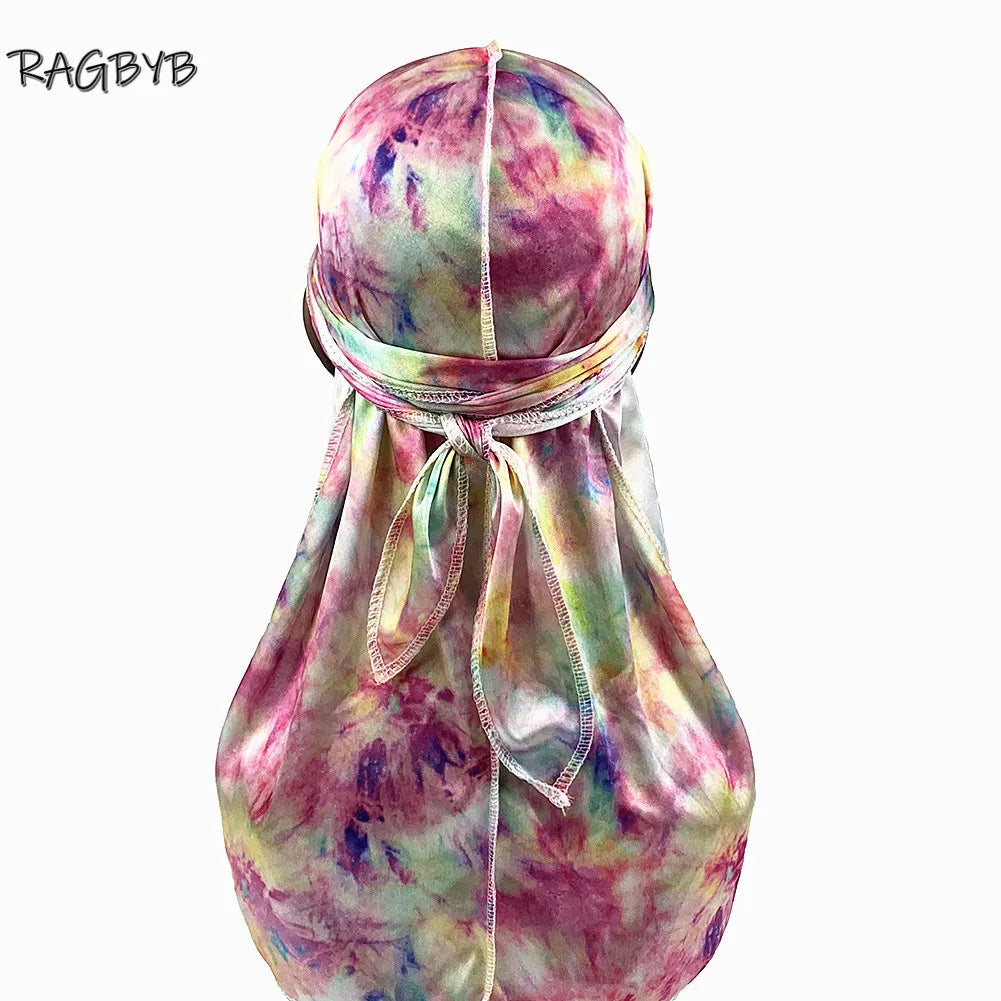 RAGBYB Premuim Tie Dyed Silk Durag Long Tail Men Printing Silky Durags Bandanas for Men Hair Wave Cap Durag