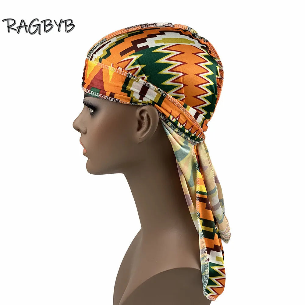 Unisex Printing Silk Durag Ankara Style Men Silky Durag Long Tail Head Scarf Headwear Headband Wave Cap Durags
