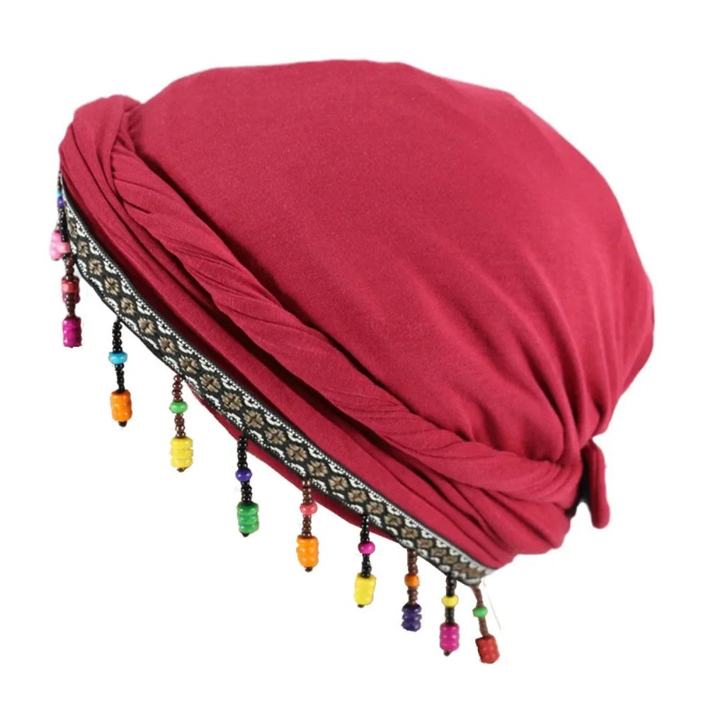Bonnet Hat Elastic Colorful Beaded Headscarf Hijab Breathable Printed Tail Turban Dome All-match Pre-tie Head Wraps Daily