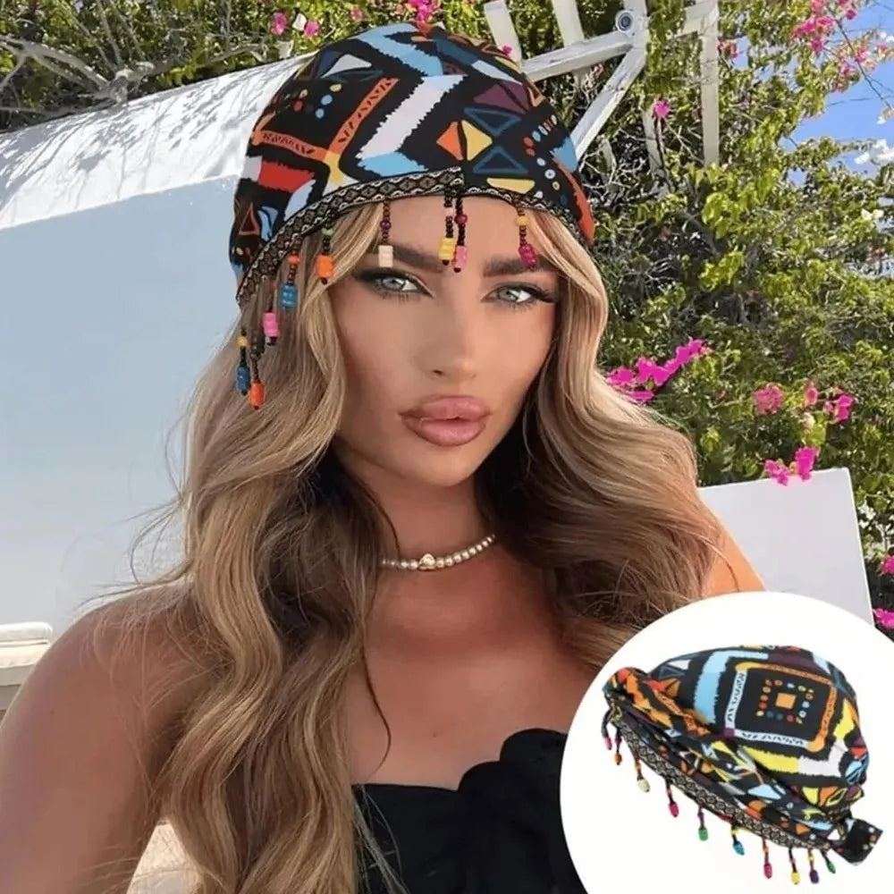 Bonnet Hat Elastic Colorful Beaded Headscarf Hijab Breathable Printed Tail Turban Dome All-match Pre-tie Head Wraps Daily