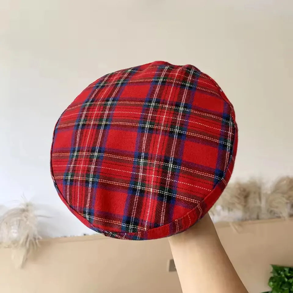 Boina xadrez vermelha para homens e mulheres, Bonnet Sweet Cool da menina britânica, estilo coreano, chapéu de boina plana, boné