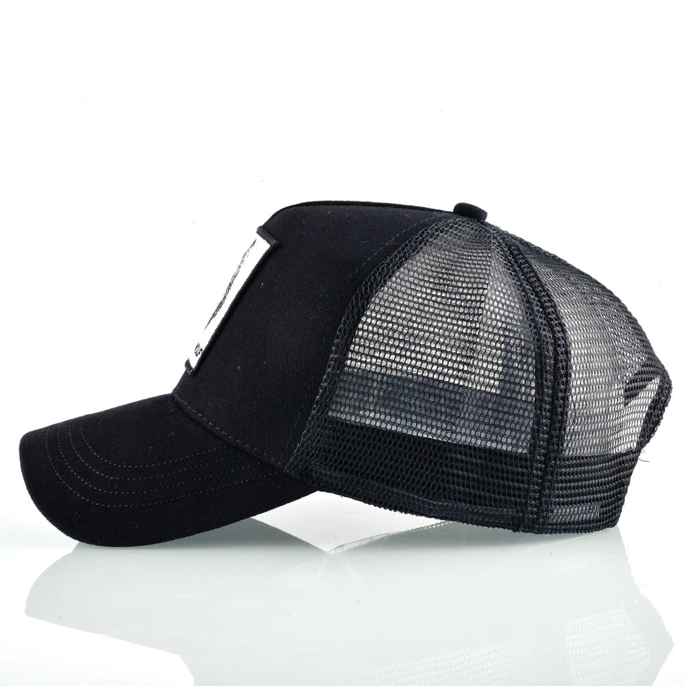 Unisex Black Baseball Cap With Animals Embroidery Patch For Men Women Fashion Snapback Hip Hop Trucker Hat Adjustable Breathable