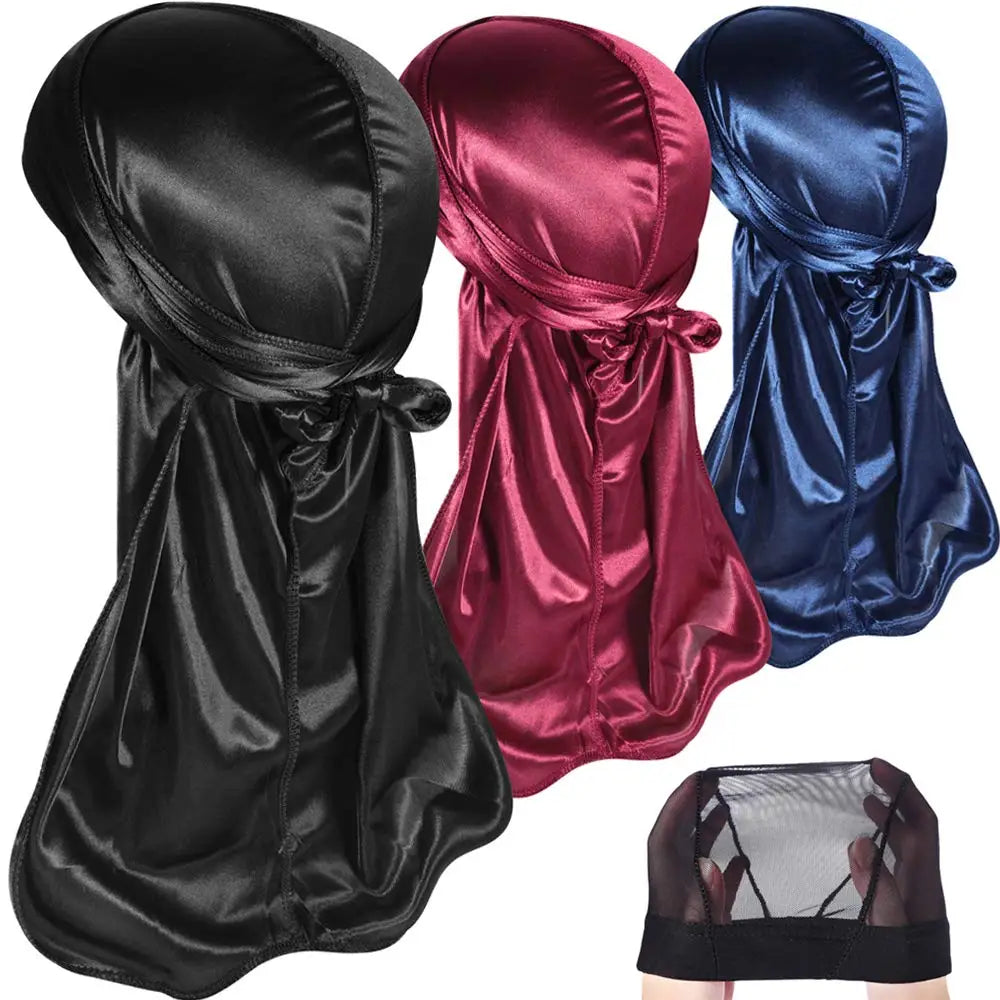 3 Pcs Silky Durag Headwraps Durag for Men Women With Free Waves Cap Durags Pack with Long Tail and Wide Straps Bandanas