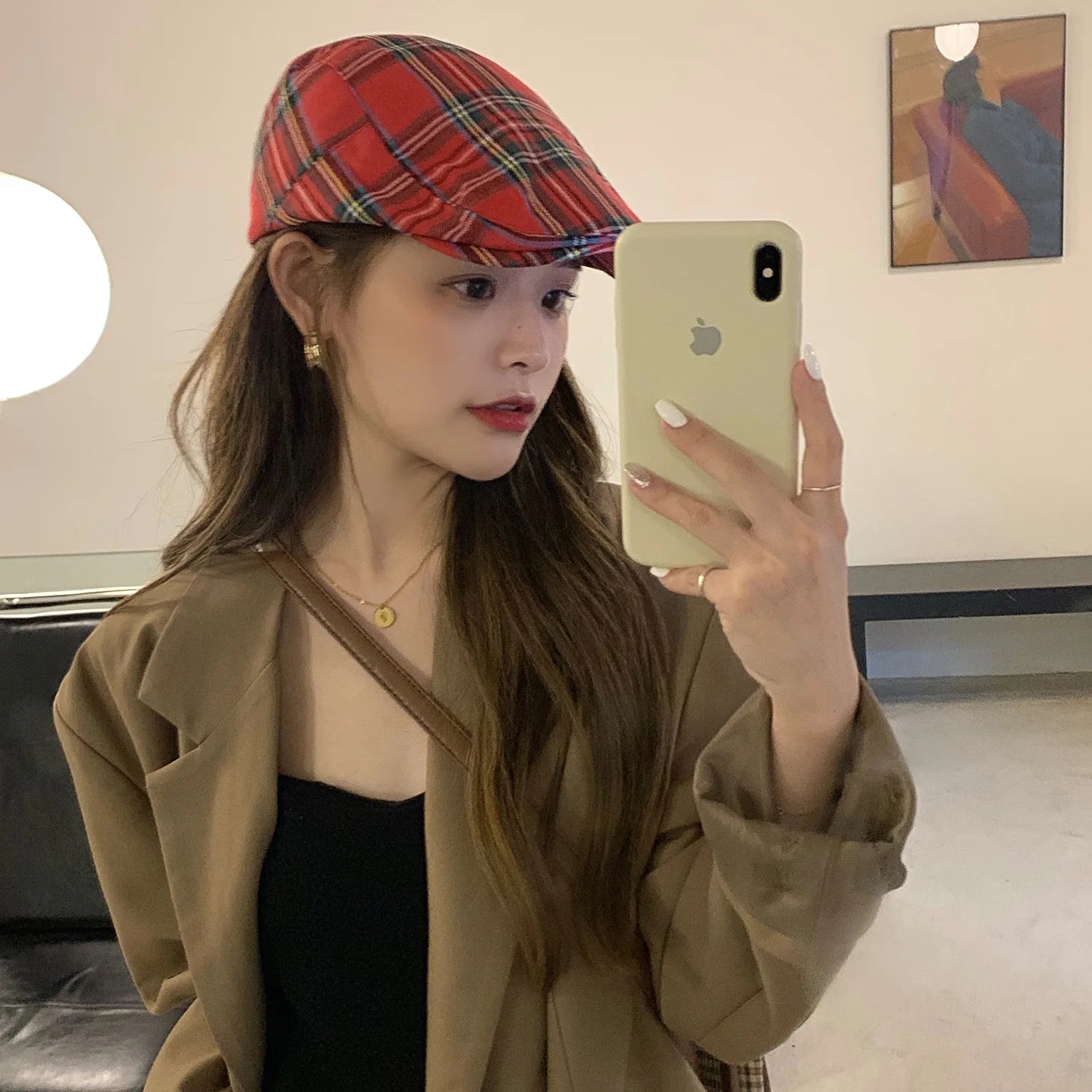 Boina xadrez vermelha para homens e mulheres, Bonnet Sweet Cool da menina britânica, estilo coreano, chapéu de boina plana, boné