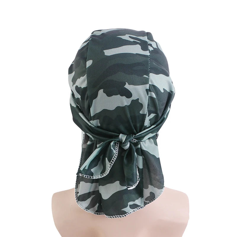 New Camouflage Print Silky Durag For Men Bandana Turban Hat Unisex Doo Durag Wigs Men's Du-Rag Long Tail Bandana Pirate Hat