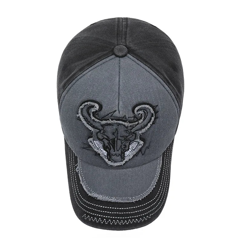 Pure cotton washed coated baseball cap with bull head embroidery, versatile washed patchwork sports hat