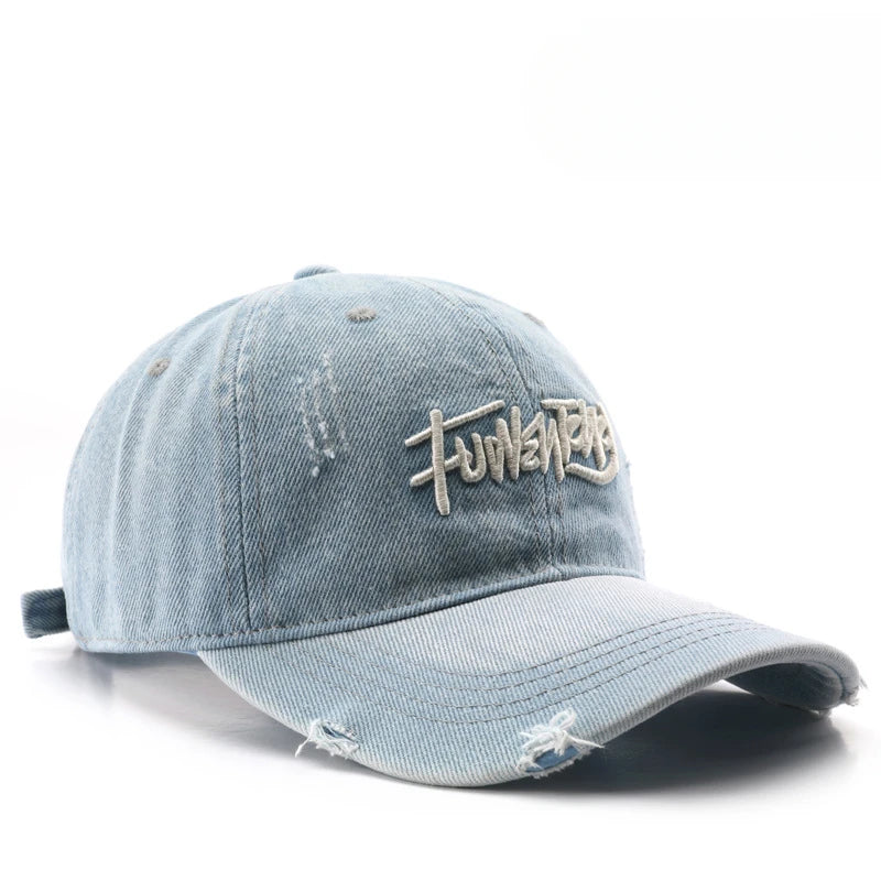Japanese Retro Washed Denim Letter Embroidered Cap Outdoor Sports Mens Travel Sun Hat Baseball Cap Classic Versatile Comfortable