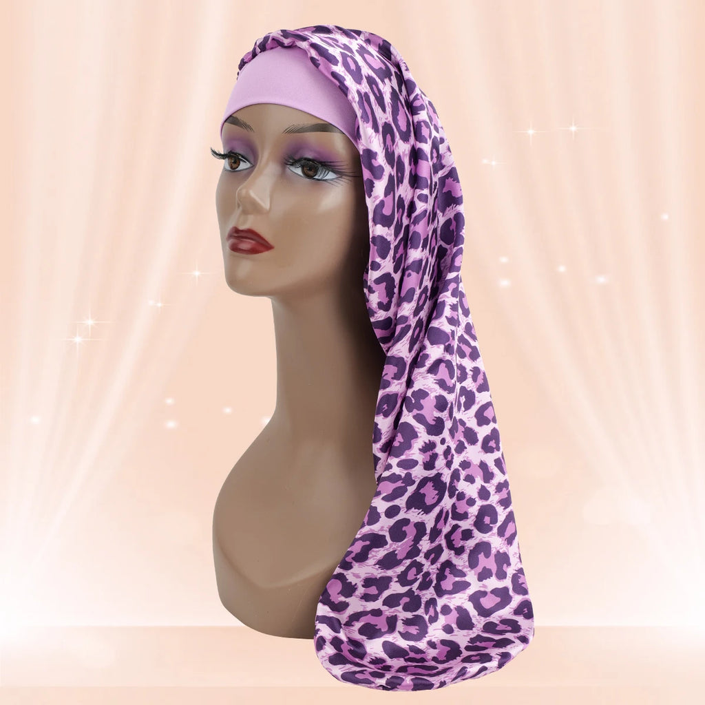 Women's Long Round Tail Bonnet-Silk Sleep Bonnet with Wide Elastic Edge-Hair Protector for Curly & Straight Hair-Leopard Print