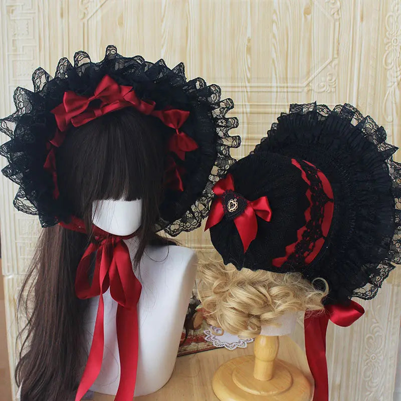 Gothic Bonnet Fedoras Hat Gorgeous Lolita Anime Lace Bow Flat Hats Exhibition Cosplay Show Lace Hair Accessories Flat Cap Gorras