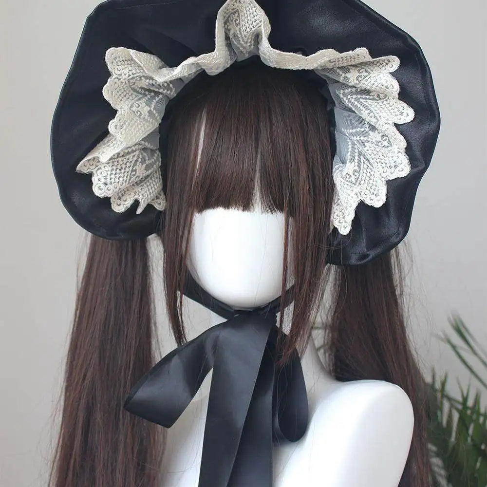 Gothic Bonnet Fedoras Hat Gorgeous Lolita Anime Lace Bow Flat Hats Exhibition Cosplay Show Lace Hair Accessories Flat Cap Gorras