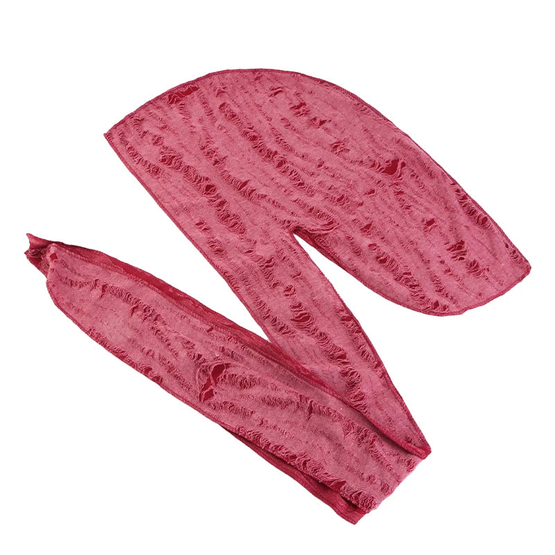 Durag Long Tail Cotton Ribbon Pirate Hat Scarf Retro Broken Hole Durag Chemo Caps Turban Hair Band Bandanas Headwrap