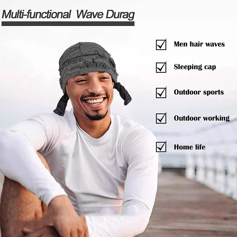 Durag Long Tail Cotton Ribbon Pirate Hat Scarf Retro Broken Hole Durag Chemo Caps Turban Hair Band Bandanas Headwrap