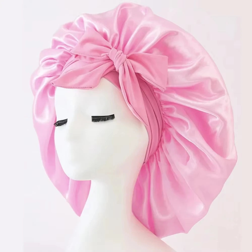 Bonnet Adjustable Satin Silk Hair Tie Band Wide-brimmed Night Sleeping Bathing Hat Bonnet for Women Unisex Protective Headwear