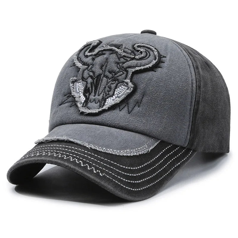 Pure cotton washed coated baseball cap with bull head embroidery, versatile washed patchwork sports hat