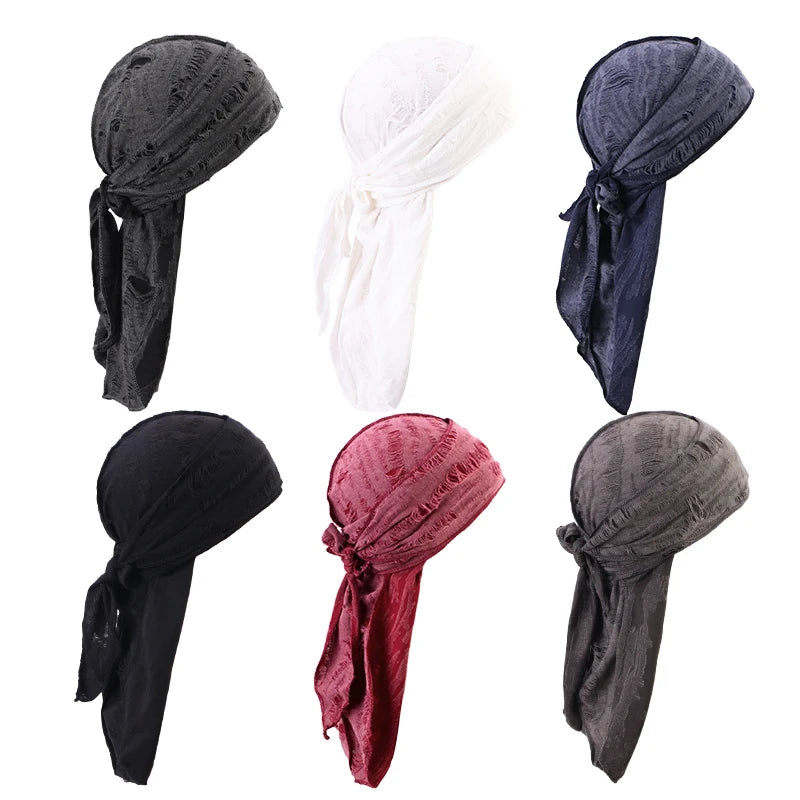Durag Long Tail Cotton Ribbon Pirate Hat Scarf Retro Broken Hole Durag Chemo Caps Turban Hair Band Bandanas Headwrap