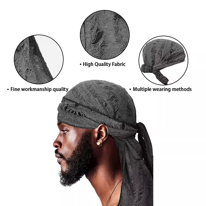 Durag Long Tail Cotton Ribbon Pirate Hat Scarf Retro Broken Hole Durag Chemo Caps Turban Hair Band Bandanas Headwrap