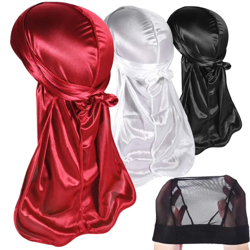 3 Pcs Silky Durag Headwraps Durag for Men Women With Free Waves Cap Durags Pack with Long Tail and Wide Straps Bandanas