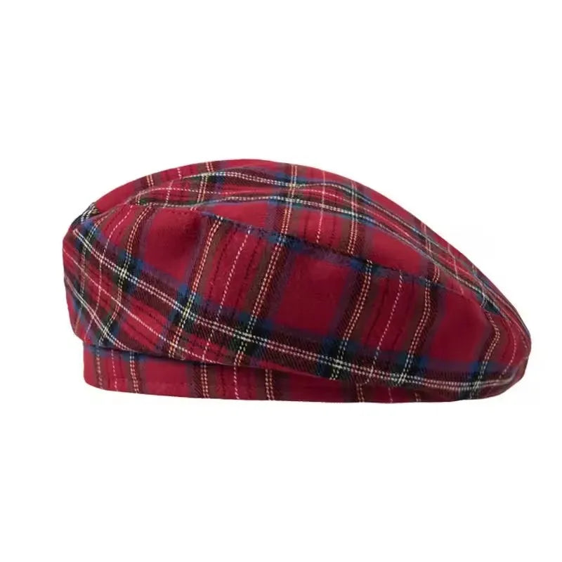 Boina xadrez vermelha para homens e mulheres, Bonnet Sweet Cool da menina britânica, estilo coreano, chapéu de boina plana, boné