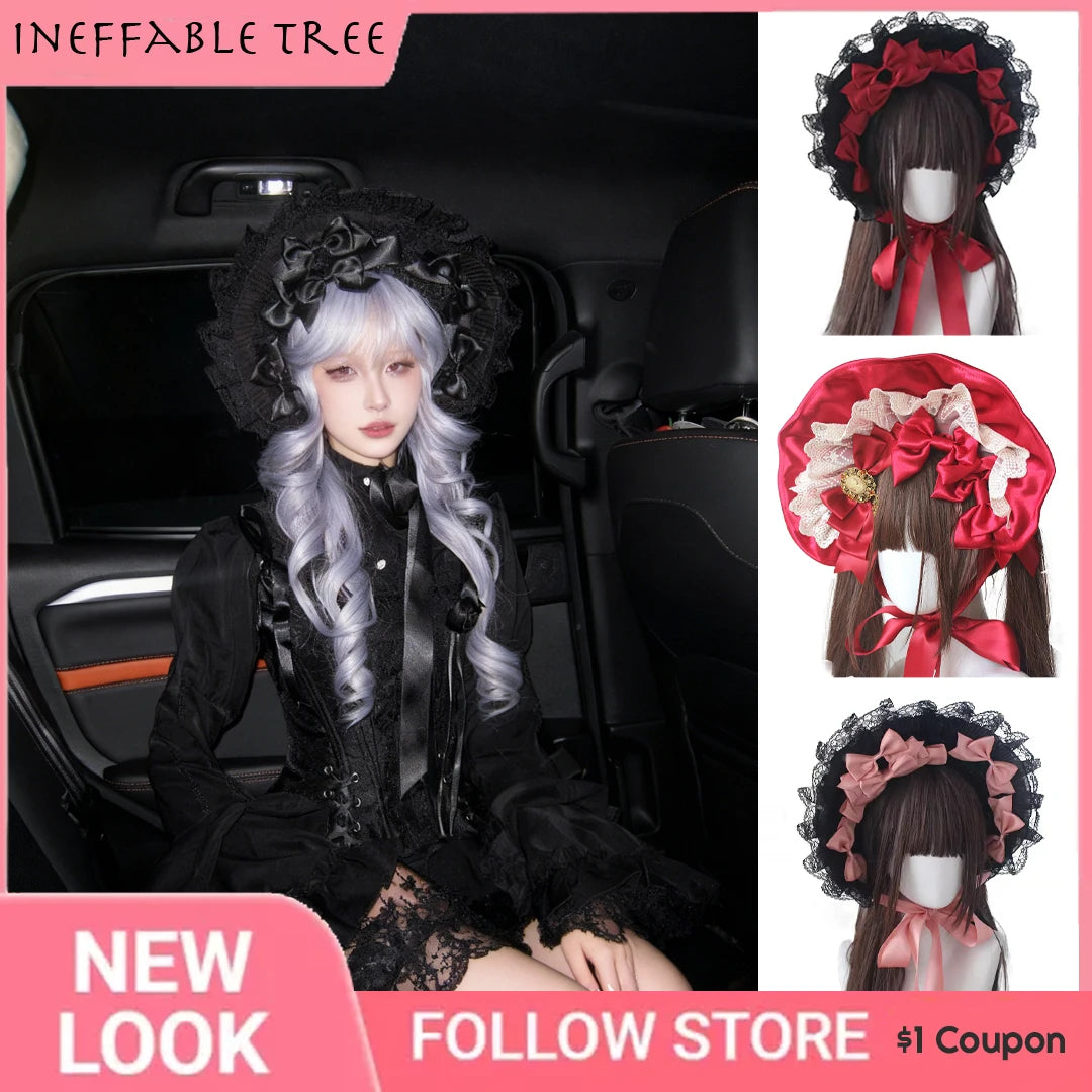 Gothic Bonnet Fedoras Hat Gorgeous Lolita Anime Lace Bow Flat Hats Exhibition Cosplay Show Lace Hair Accessories Flat Cap Gorras