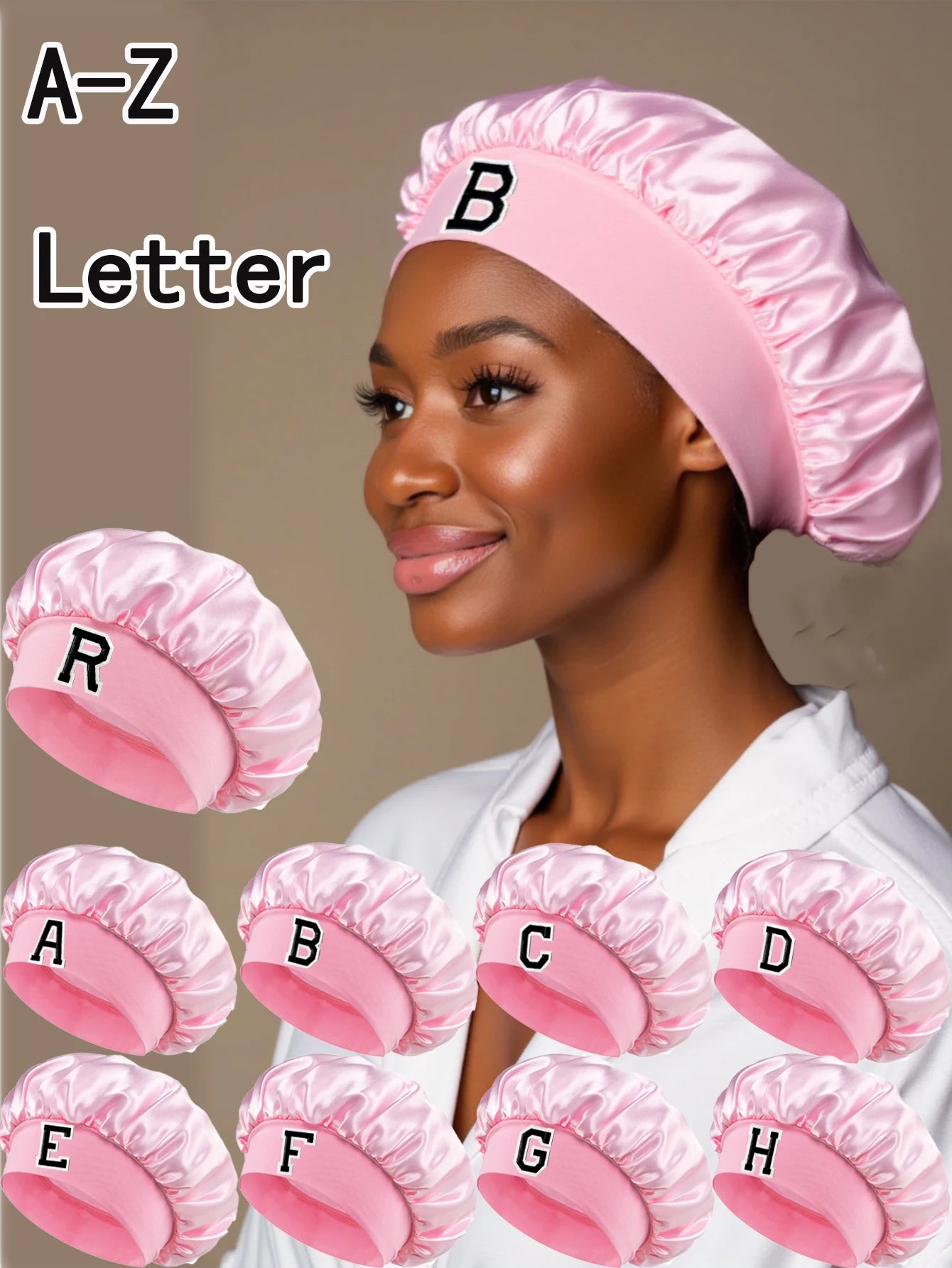 1PC Bonnet Printed A-Z Letter Personalization Hair Caps For Sleeping Satin Wide Brimmed Eastic Cap For Curly And Straight Hair