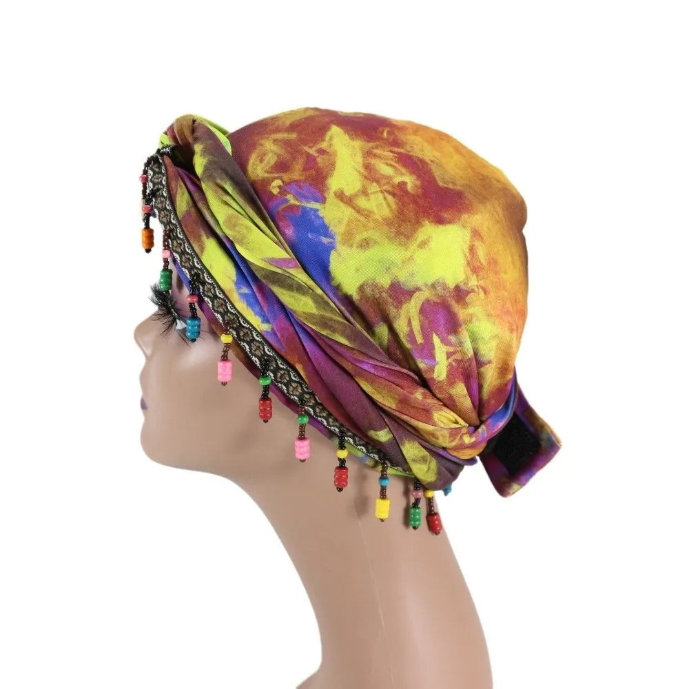 Bonnet Hat Elastic Colorful Beaded Headscarf Hijab Breathable Printed Tail Turban Dome All-match Pre-tie Head Wraps Daily