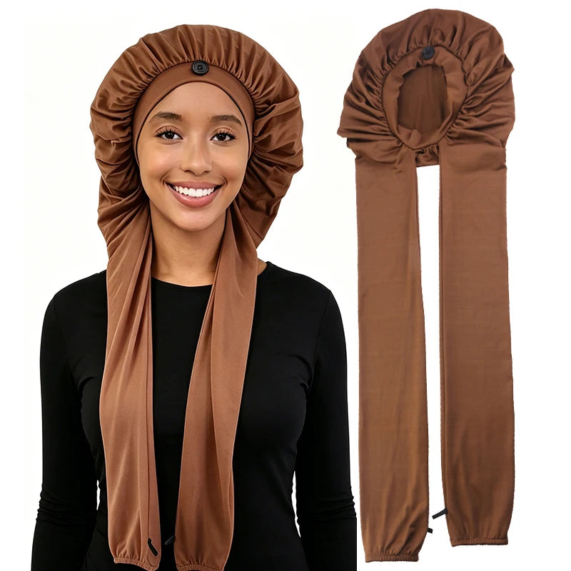 Women's Bonnet Satin Sleeping Hat  Long Tail Braid Hair Night Sleep Cap Head Cover Bonnets Shower Caps For Sauna Bathing Bonnet