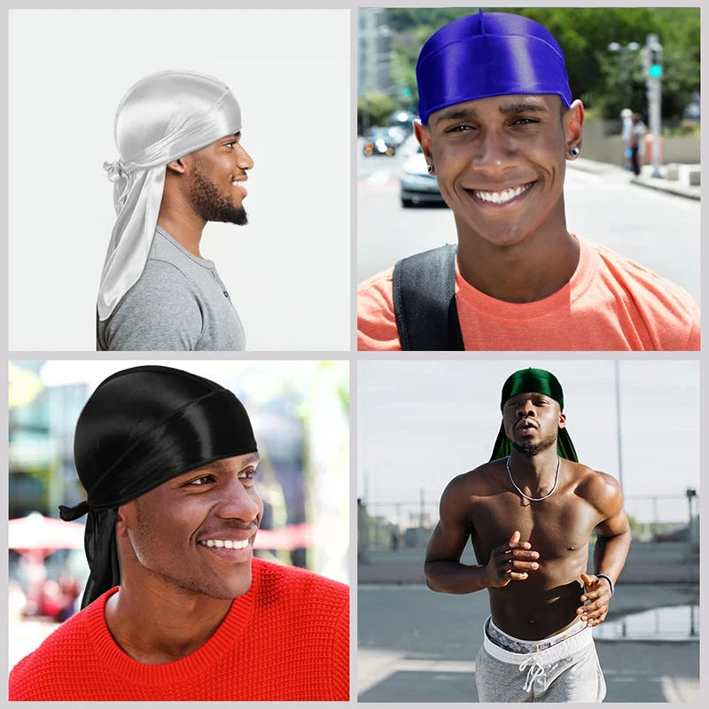 New Solid Color Casual Durag Silky Durag For Men Pirate Hat Chemo Caps Satin Bandana Elastic Turban Cap Cycling Hats