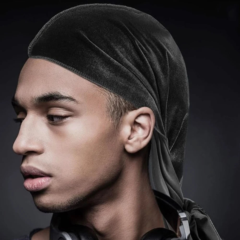 Men's Velvet Durag with Long Tail Soft Durag Headwraps for 360 Waves Hip Hop Durag