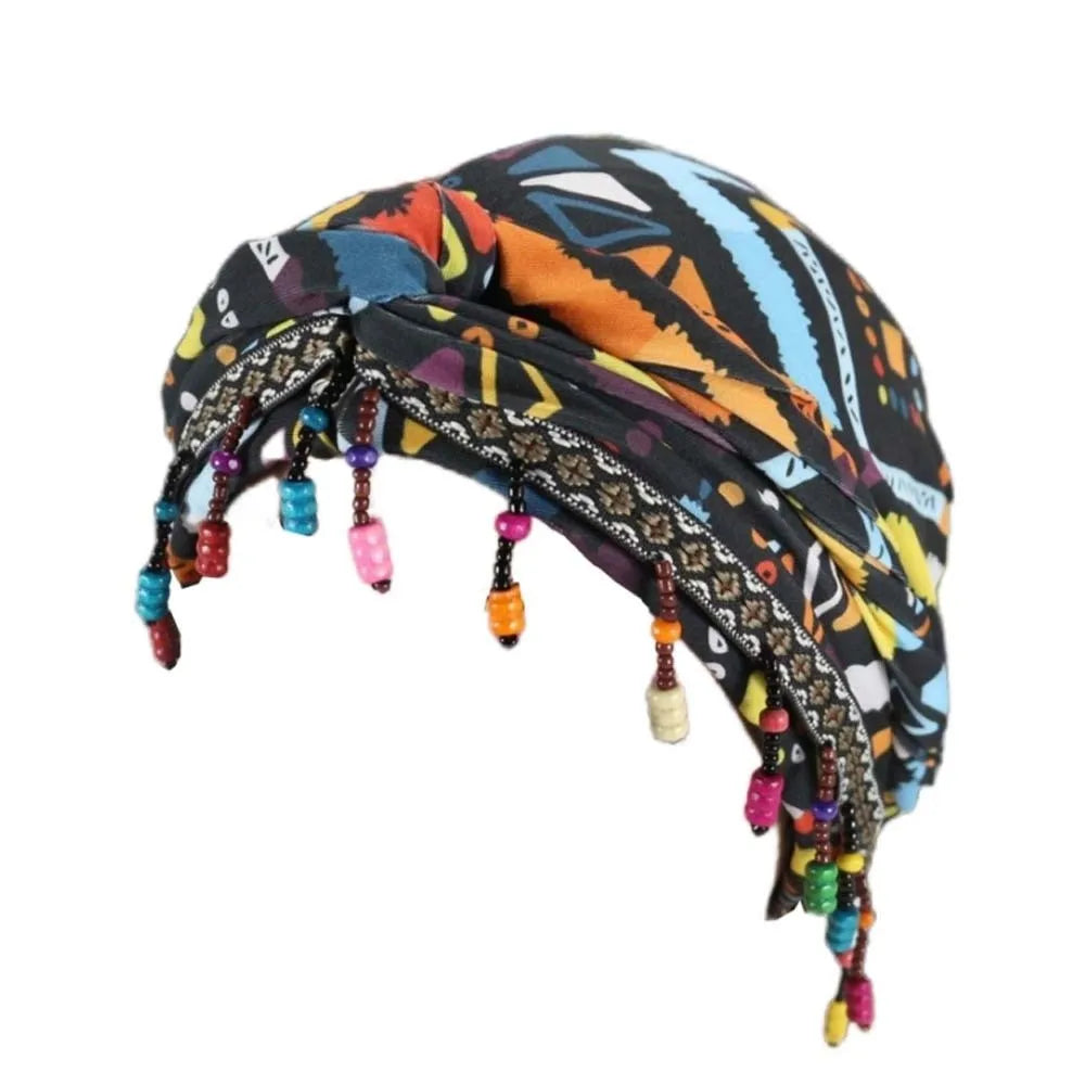 Bonnet Hat Elastic Colorful Beaded Headscarf Hijab Breathable Printed Tail Turban Dome All-match Pre-tie Head Wraps Daily