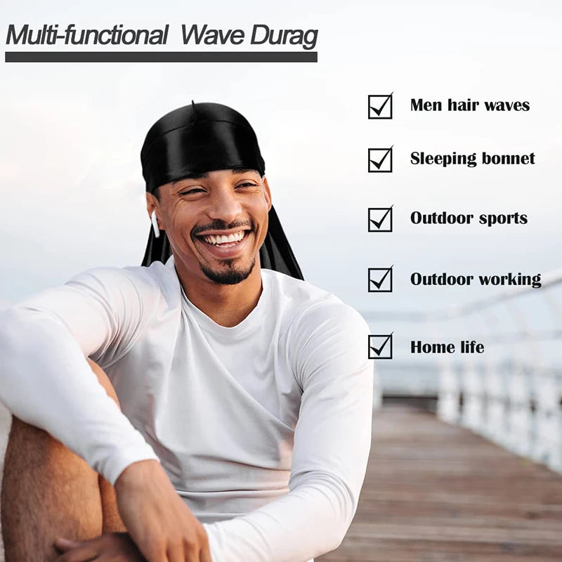 New Solid Color Casual Durag Silky Durag For Men Pirate Hat Chemo Caps Satin Bandana Elastic Turban Cap Cycling Hats
