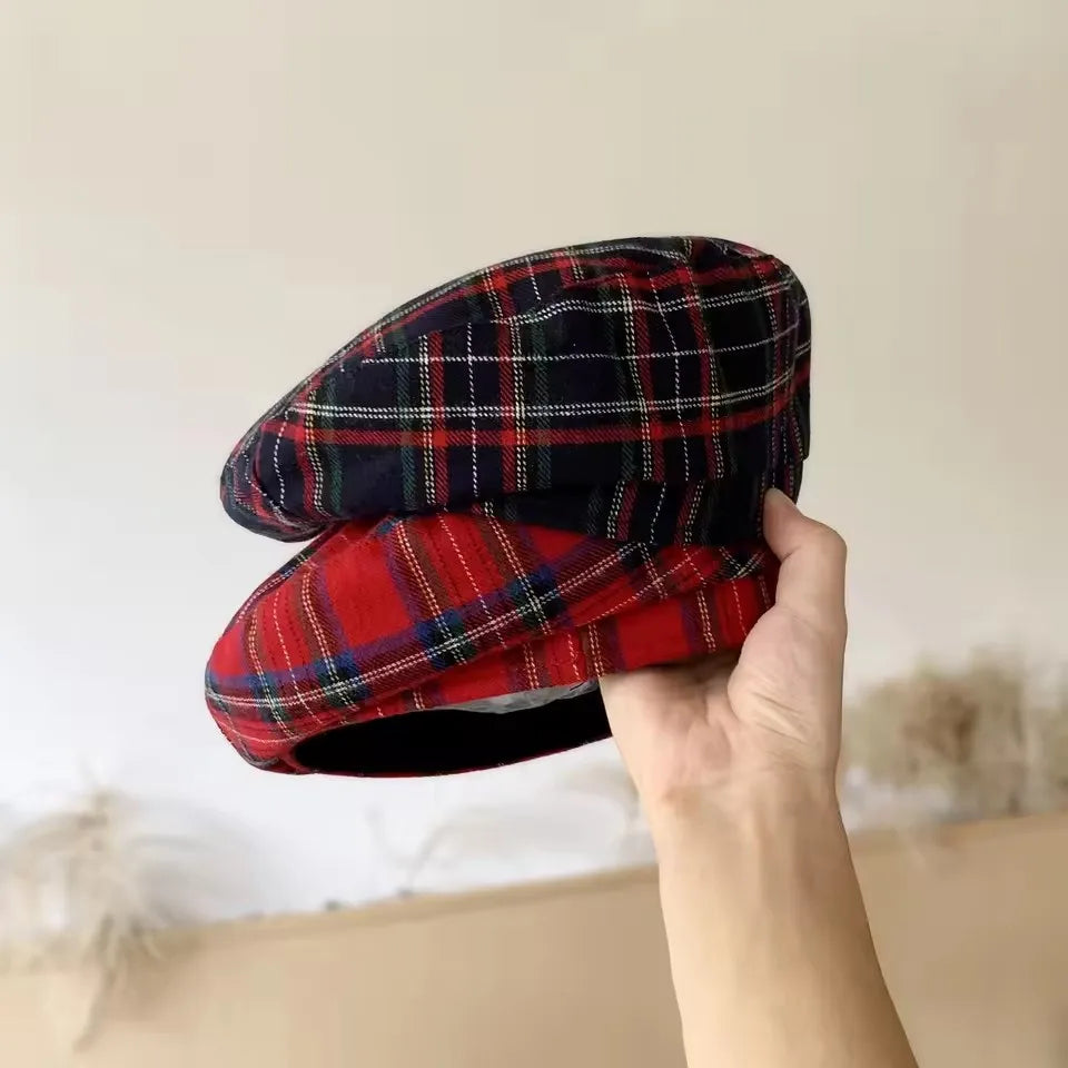 Boina xadrez vermelha para homens e mulheres, Bonnet Sweet Cool da menina britânica, estilo coreano, chapéu de boina plana, boné