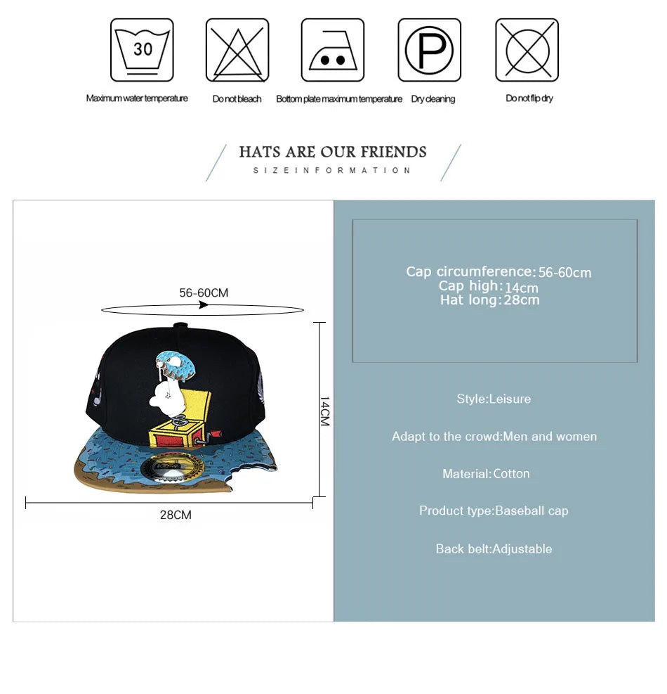 PANGKB Brand Delicioso Cap Cartoon Mordida Metal Munchies Cookie Blue Snapback Hat Adults Outdoor Travel Sun Baseball Sports cap