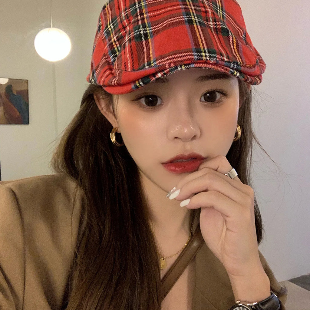 Boina xadrez vermelha para homens e mulheres, Bonnet Sweet Cool da menina britânica, estilo coreano, chapéu de boina plana, boné