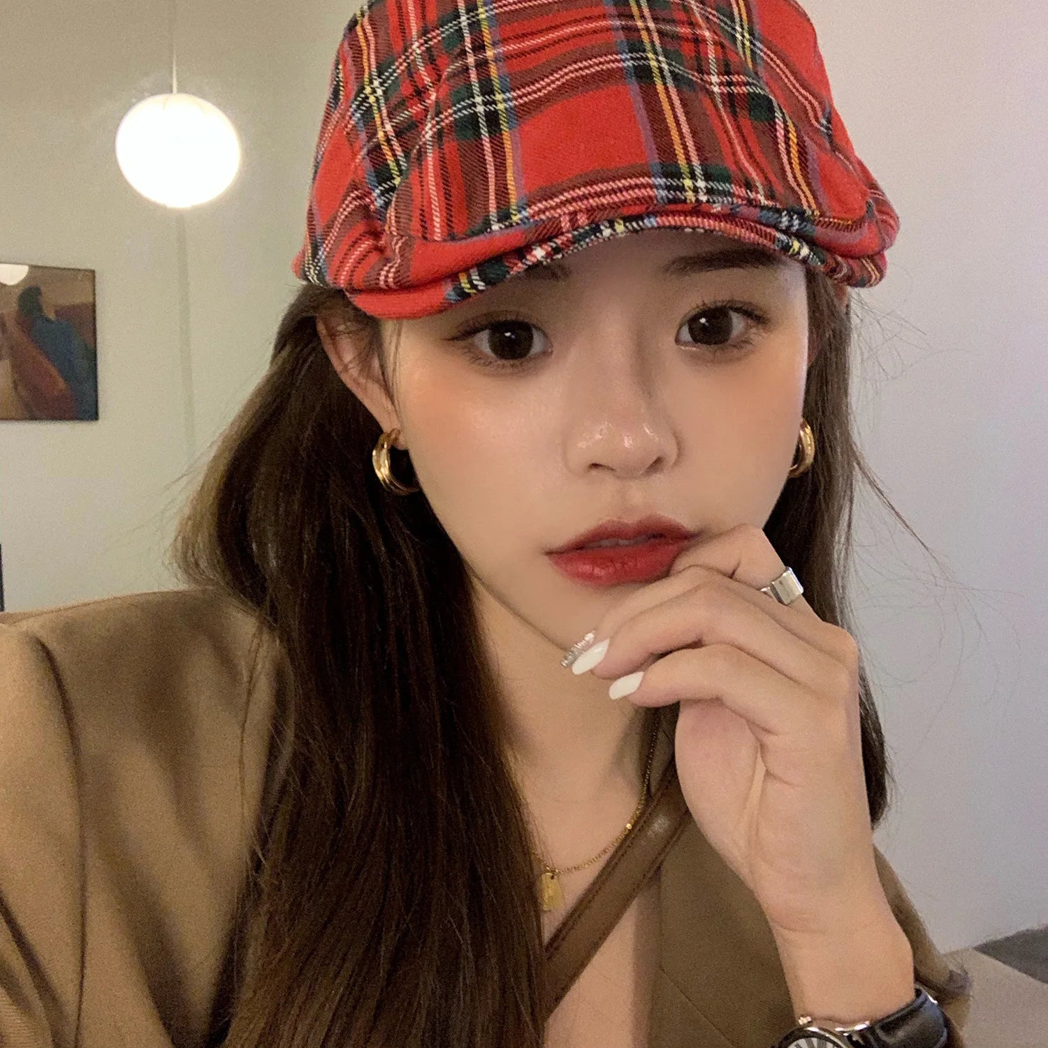Boina xadrez vermelha para homens e mulheres, Bonnet Sweet Cool da menina britânica, estilo coreano, chapéu de boina plana, boné