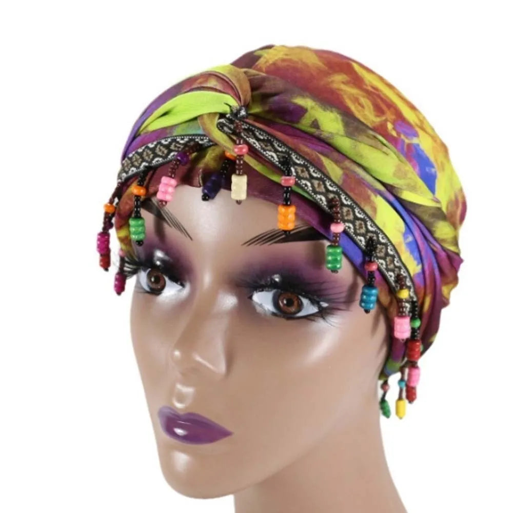 Bonnet Hat Elastic Colorful Beaded Headscarf Hijab Breathable Printed Tail Turban Dome All-match Pre-tie Head Wraps Daily