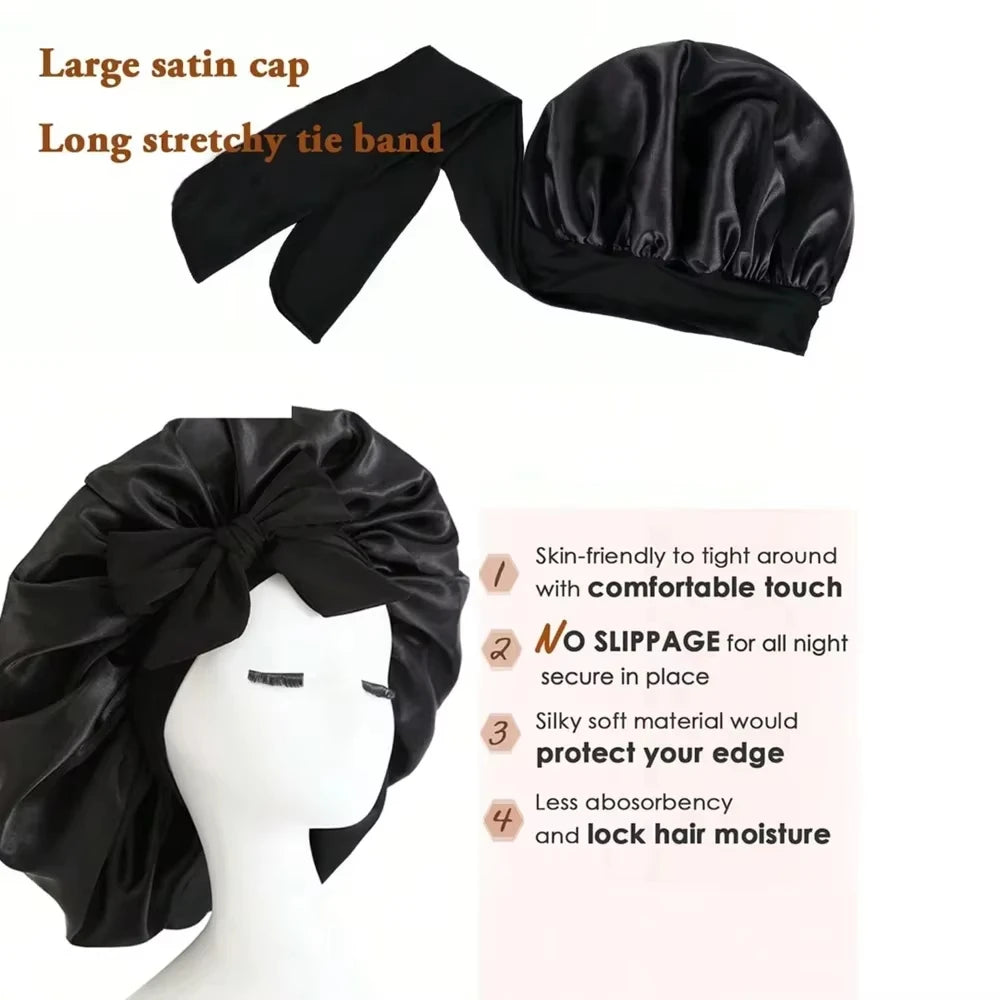 Bonnet Adjustable Satin Silk Hair Tie Band Wide-brimmed Night Sleeping Bathing Hat Bonnet for Women Unisex Protective Headwear