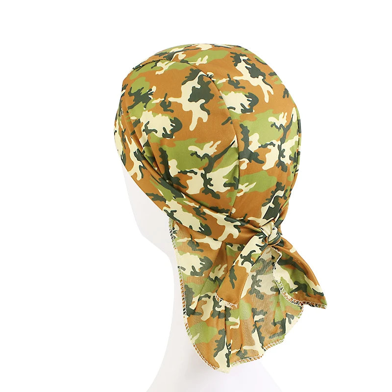 New Camouflage Print Silky Durag For Men Bandana Turban Hat Unisex Doo Durag Wigs Men's Du-Rag Long Tail Bandana Pirate Hat