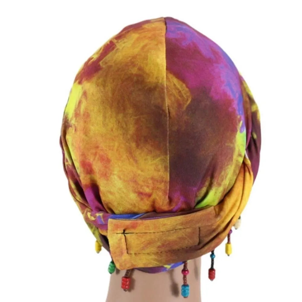 Bonnet Hat Elastic Colorful Beaded Headscarf Hijab Breathable Printed Tail Turban Dome All-match Pre-tie Head Wraps Daily