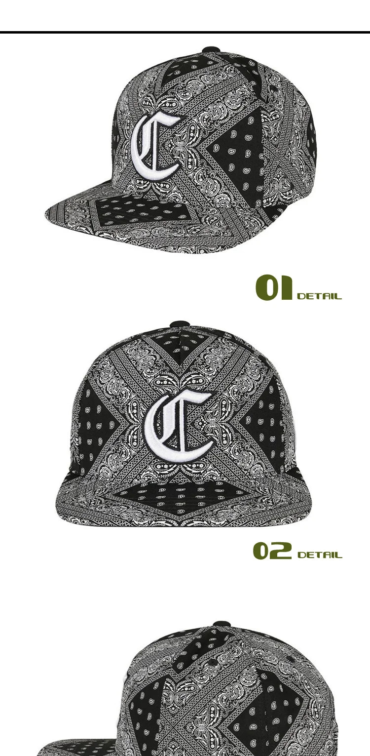 PANGKB Big C Paiz Allover Snapback Hat Paisley Bandanna Print Adults Outdoor Travel Hip Hop Headwear Sports Sun Baseball cap