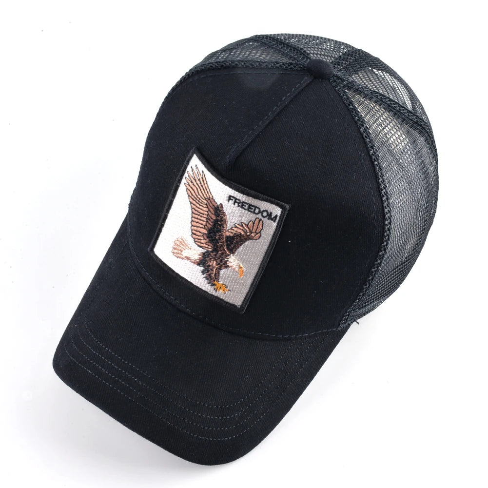 Unisex Black Baseball Cap With Animals Embroidery Patch For Men Women Fashion Snapback Hip Hop Trucker Hat Adjustable Breathable