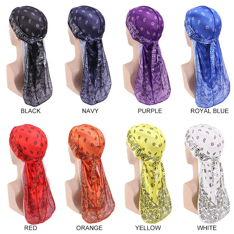 New Men Satin Paisley Printed Durag Turban Bandanas Headwear Silky DuRag Doo Rag Long Tail Pirate Hat Wave Caps Hair Accessories