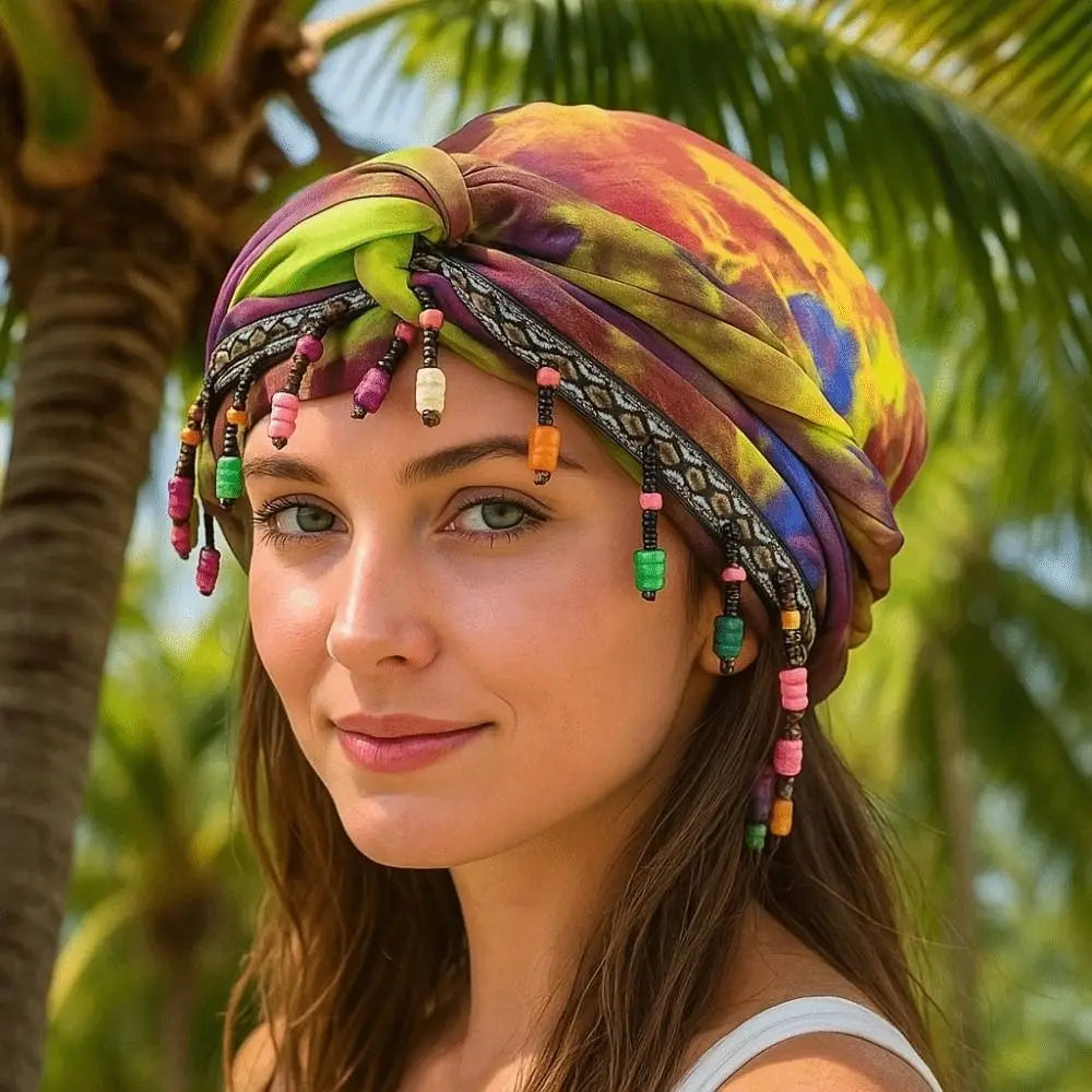 Bonnet Hat Elastic Colorful Beaded Headscarf Hijab Breathable Printed Tail Turban Dome All-match Pre-tie Head Wraps Daily