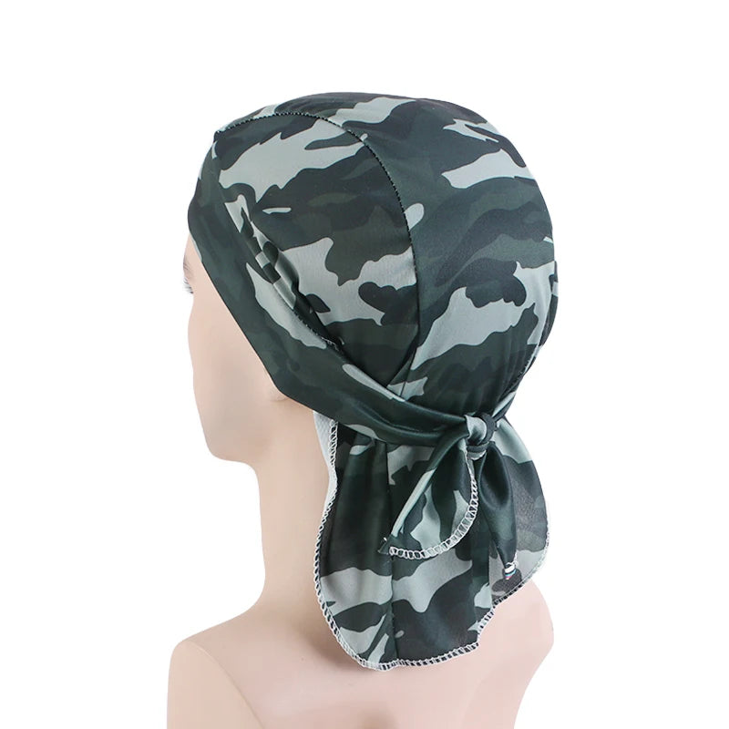 New Camouflage Print Silky Durag For Men Bandana Turban Hat Unisex Doo Durag Wigs Men's Du-Rag Long Tail Bandana Pirate Hat