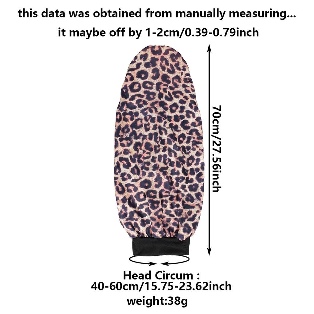 Women's Long Round Tail Bonnet-Silk Sleep Bonnet with Wide Elastic Edge-Hair Protector for Curly & Straight Hair-Leopard Print