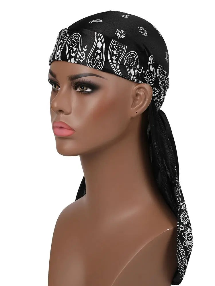 Men's Durag Turban Hat Wigs Durag Biker Headwrap Pirate Hat Cap Hip Hop Fashion Long Tail Bandanas Women Headwear 1PCS