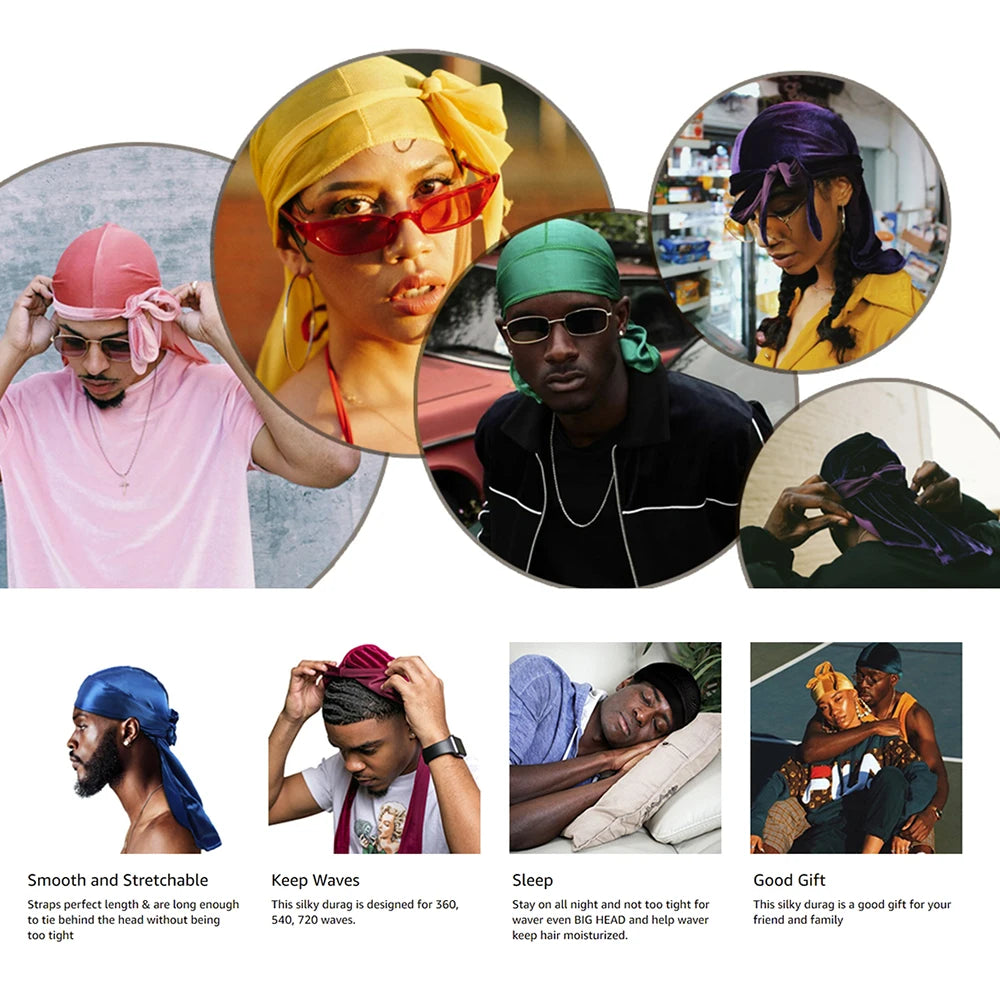 Men's Velvet Durag with Long Tail Soft Durag Headwraps for 360 Waves Hip Hop Durag