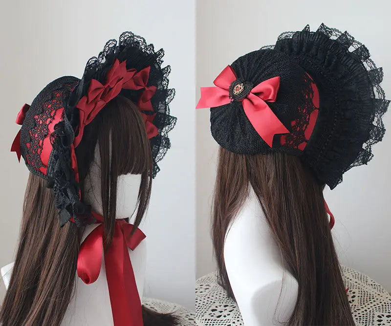 Gothic Bonnet Fedoras Hat Gorgeous Lolita Anime Lace Bow Flat Hats Exhibition Cosplay Show Lace Hair Accessories Flat Cap Gorras