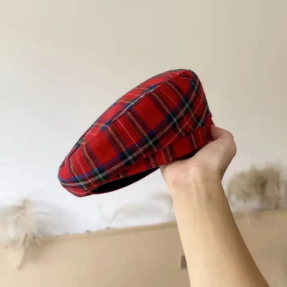 Boina xadrez vermelha para homens e mulheres, Bonnet Sweet Cool da menina britânica, estilo coreano, chapéu de boina plana, boné