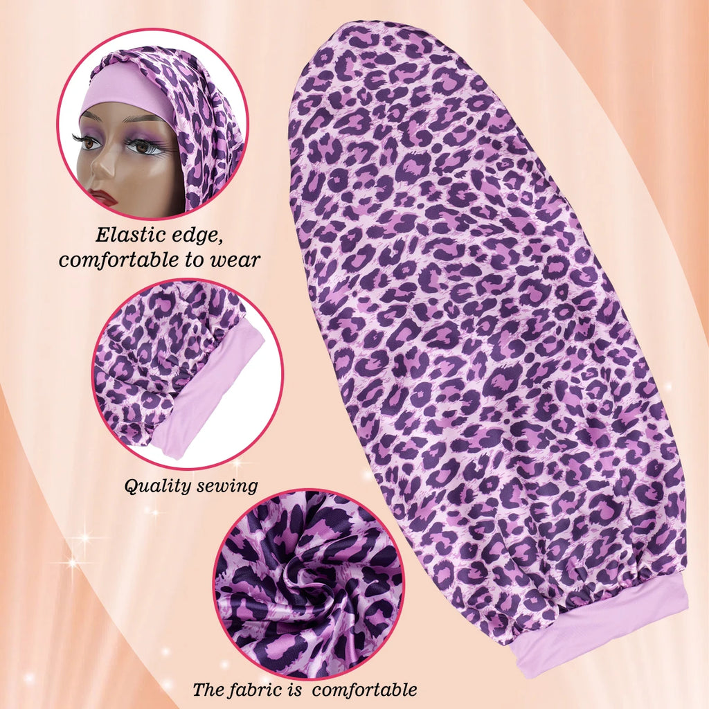 Women's Long Round Tail Bonnet-Silk Sleep Bonnet with Wide Elastic Edge-Hair Protector for Curly & Straight Hair-Leopard Print