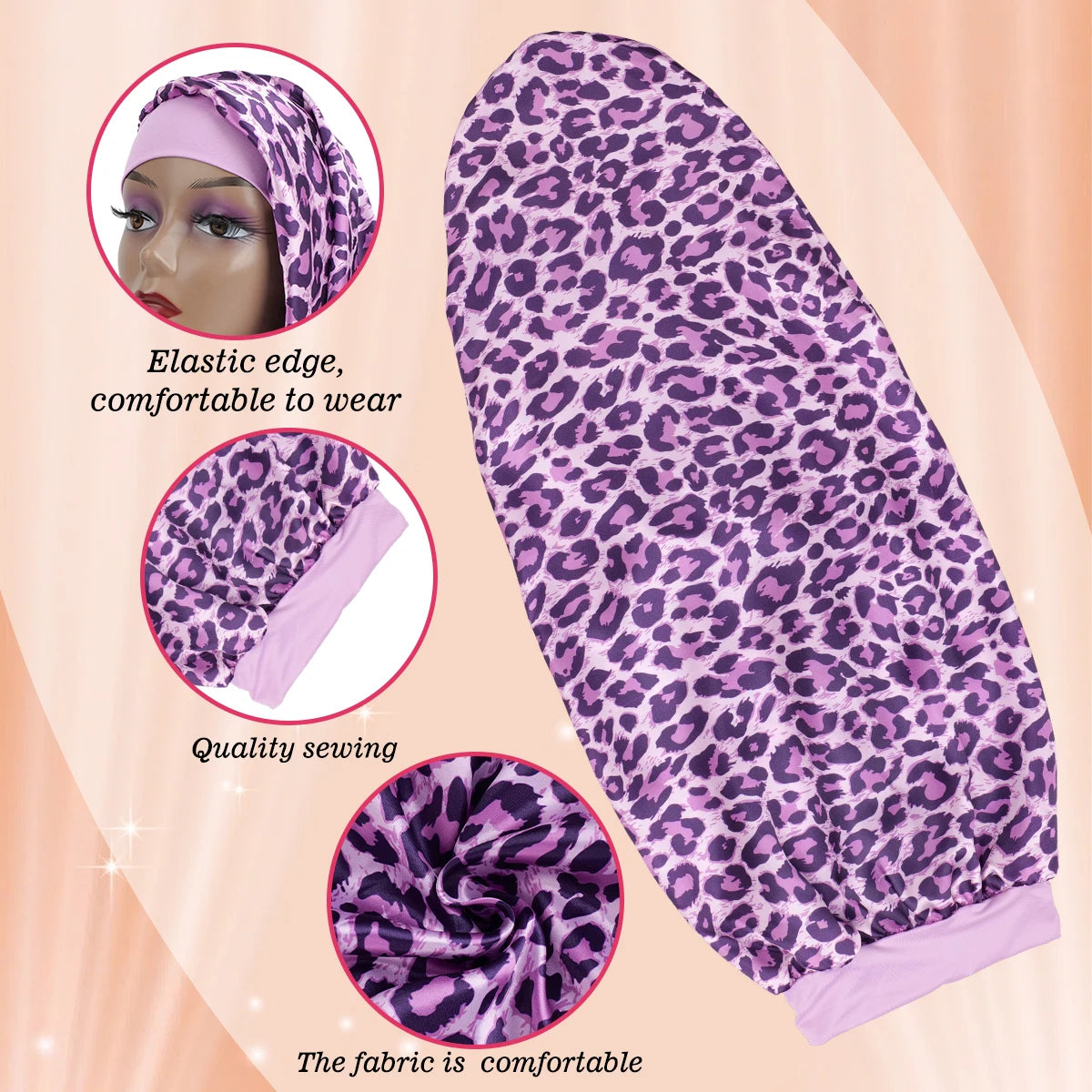 Women's Long Round Tail Bonnet-Silk Sleep Bonnet with Wide Elastic Edge-Hair Protector for Curly & Straight Hair-Leopard Print